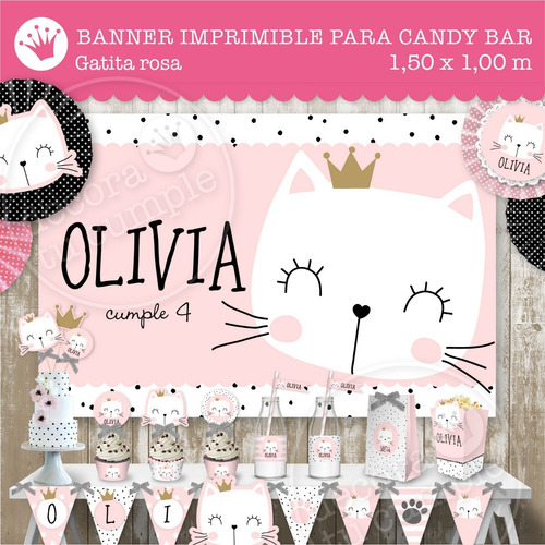 Banner Imprimible Gatita Princesa Candybar Decoracion Fiesta