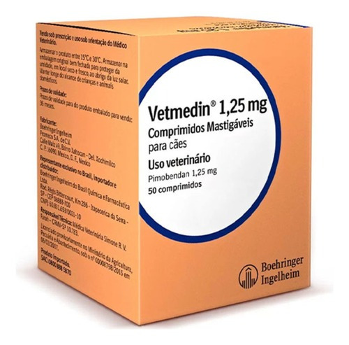 Vetmedin 1,25 Mg 50 Comp. 1,25mg Pimobendan Cães Cardiacos