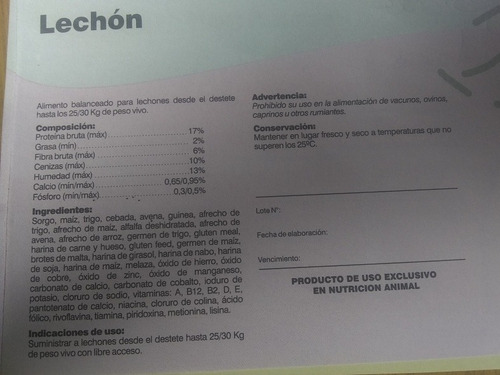 Alimento Balanceado P/ Lechon (engorde) X 30kg Caba. Envios