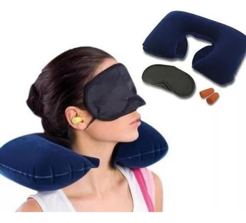 Set Viaje Almohada Cojín Inflable + Tapones + Antifaz 3pcs