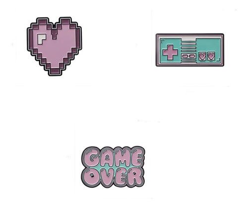 Broches Metálicos Joystick Retro Game Over Corazón Pixelado