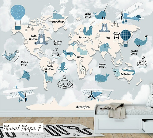 Vinilos Mural Mapa, Mapamundi Animales Deco Gigantografia