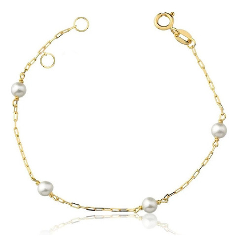 Pulseira De Ouro 18k 750 Infantil Bebê Com Pérolas Natural Comprimento 14.5 cm Cor Dourado Diâmetro 14.5 cm