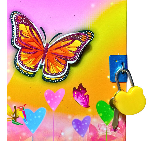 Diario Intimo Anillado + Lapiceras Glitter + Candado Niño Rosa Mariposas 2025