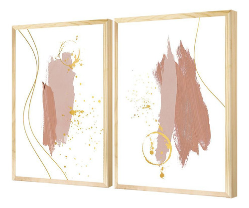 Dupla De Quadros Decorativos Arte Dourado Rosa 50x70 Pinus