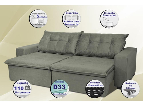 Sofá Austrália 2,72 Mts Retrátil, Reclinável Com Molas e Pillow no Assento Tecido Suede Cinza - Cama InBox