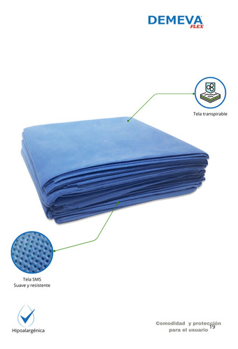 Sábana Desechable Plana Color Azul De 1.90 M X .90 M Para Camilla Spa, Clínica, Hospital O Consultorio Demeva Flex 10pz Diseño De La Tela Lisa
