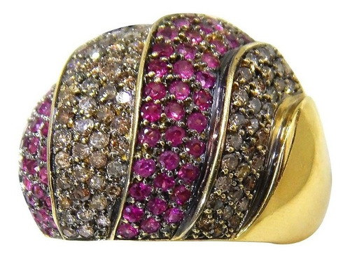 Anel Em Ouro 18k Com Rubis E Brilhantes Negros