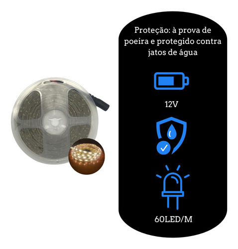 Fita Led 3528 5m À Prova D'agua Ip65 60 Leds/m Cor da luz Branco-neutro Tensão de operação 12V 127/220V