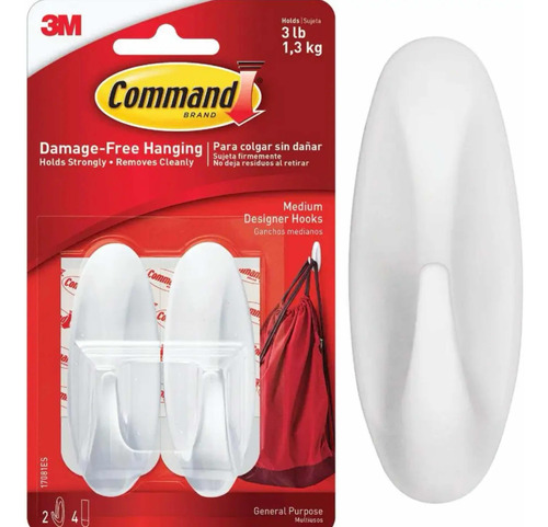 Set 2x Ganchos Medianos Blancos 3m Command Md Designer Hooks