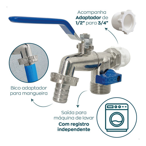 Torneira Dupla Tanque Metal Esfera 1/4 Volta Multifuncional