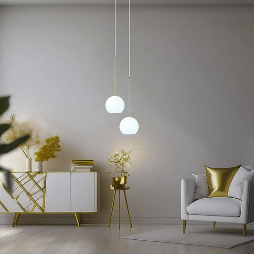 Pendente Lux Duplo Dourado Globo Vidro Branco Fosco + Led