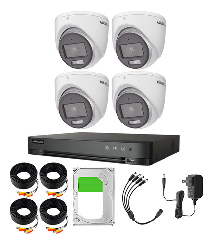 Hikvision Kit De 4 Cámaras De Seguridad Metálicas Con Micrófono Integrado Turret 3k 5mp Imagen A Color 24/7 Exterior Ip67 + Dvr 8mp 4 Canales Turbohd + 4 Canales Ip + 3tb Hdd Ids2ce70kf0t-plus+3tb