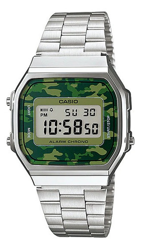 Reloj pulsera digital Casio A-168 con correa de acero inoxidable color plateado - fondo gris/camuflado verde