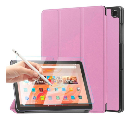 Case+caneta Stylus+vidro Compatível Amazon Fire Rosa Claro