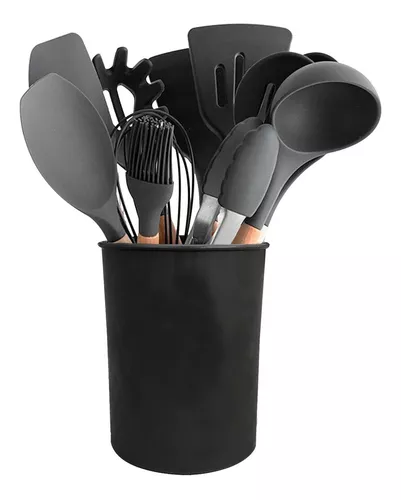 Set utensilios cocina, madera y silicona, 12 piezas