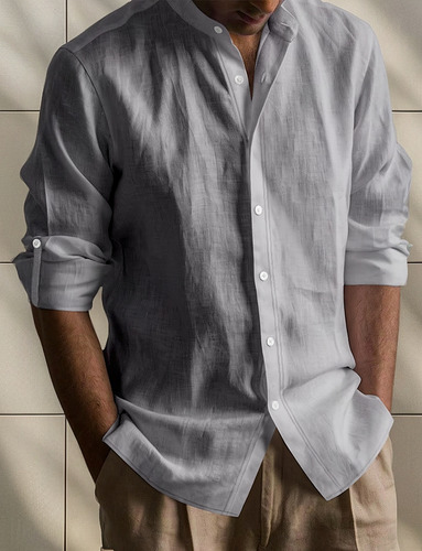 Camisa De Lino Transpirable Con Cuello Alto Y Manga Larga