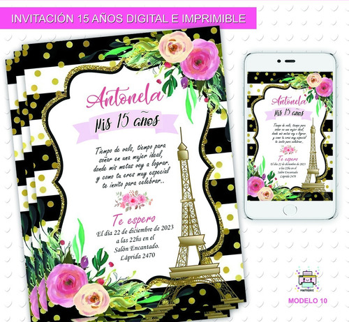 Invitación 15 Años Eifel Tarjeta Digital E Imprimible M10