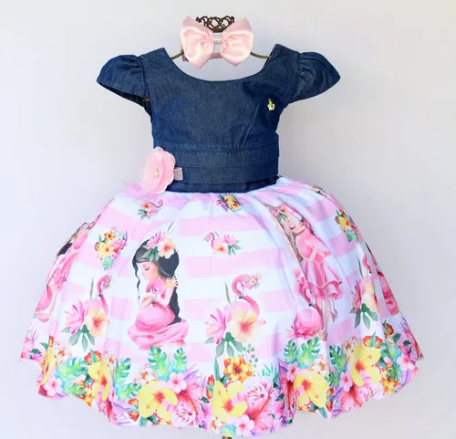 Vestido Infantil Flamingos Jardim Festa Temática Bonequinha
