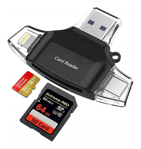 Imagen 1 de 5 de Adaptador 4 En 1 Lector Tarjetas Sd/tf Usb/micro/c/lightning