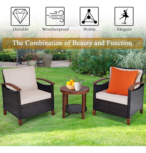 Juego De Muebles De Patio 3 Piezas Ratán Mesa Y Cojines Beige