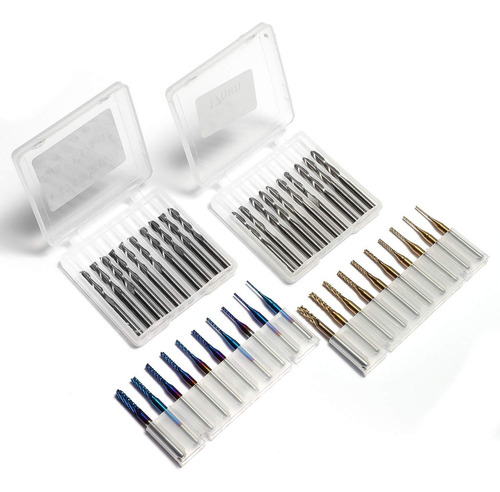 Genmitsu - Juego De 40 Brocas De Fresado Cnc, Vástago De 1/8 Pulgadas, Juego De Brocas De Tallado Que Incluye Punta Plana De 2 Flautas Y Nariz De Bola, Capa Azul Nano Y Capa De Titanio, Mc40a