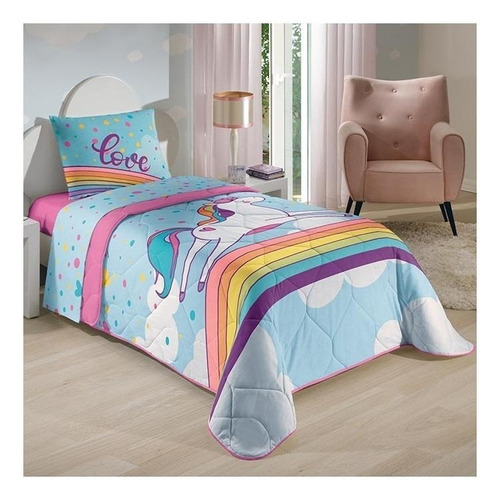 Edredom Lepper Unicornio 1 corpo diseño sublimado color rosa e azul-celeste de 150cm x 210cm