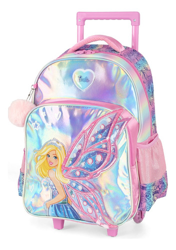 Mochila Rodinhas 17 Barbie Fada Holográfico Rosa Luxcel