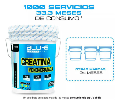 Creatina Monohidratada Blu-e Supplements 5 Kg 1000 Servicios Natural
