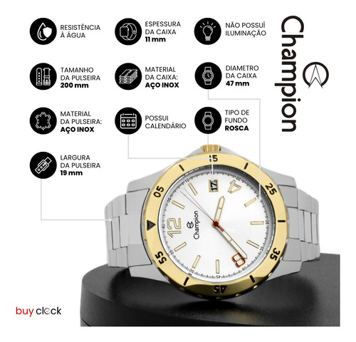 Relógio Champion Masculino Prateado Ca31239s Original C/ Cor Do Bisel Dourado Cor Do Fundo Branco