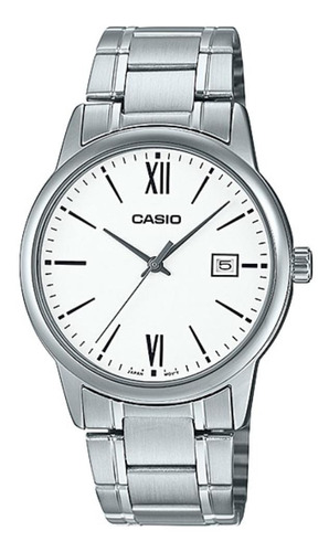 Reloj Pulsera Casio Enticer Mtp-v002 De Cuerpo Color Gris, Analógica, Para Hombre, Fondo Blanco, Con Correa De Acero Inoxidable Color Gris, Agujas Color Gris Oscuro, Dial Negro, Minutero/segundero Neg