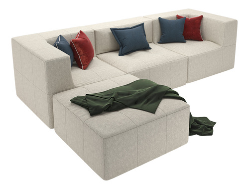 Sofá Modular De 3 Lugares Em Bouclé Nude/bege Com 2 Braços, Extensão De Assento Bilateral Chaise E Estilo Contemporâneo Para Sala De Estar