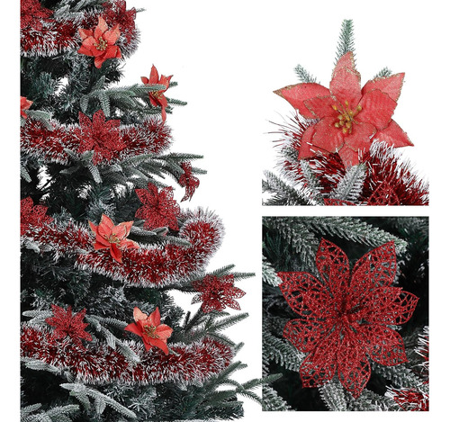 24 Flores De Pascua De Navidad Con Purpurina Y Clips, Decora
