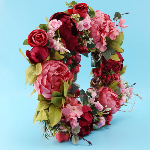 16 Inch Peony Wreath Artificial Flower Door Wreath With Gree