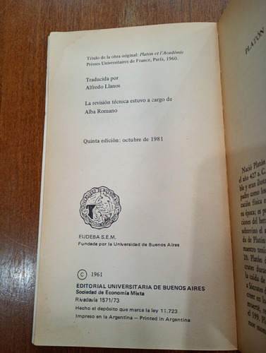 Libro Platón Y La Academia Jean Brun Universitaria 1981 (Usado)