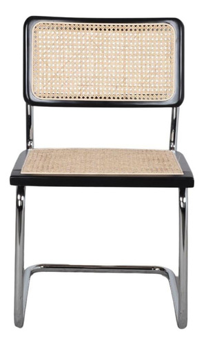 Sillas Cesca Breuer De Comedor Makom Con Estructura De Acero Tubular Cromado Con Acabado Brillante. Respaldo Y Asiento De Madera De Haya Laqueada Negro Y Esterillado En Rattán Sintético, Set X4 Unid.