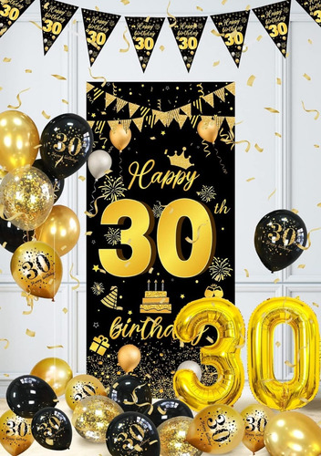 Decoración Globos Cumpleaños 30 Años Hombres Negro Y Dorado