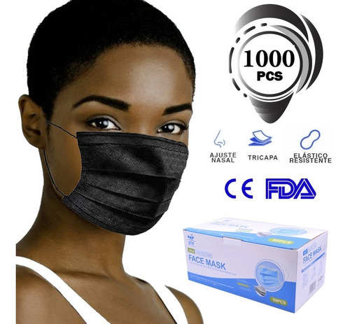 1000 Cubrebocas Tricapa Termosellado Mascarilla Adulto Negro