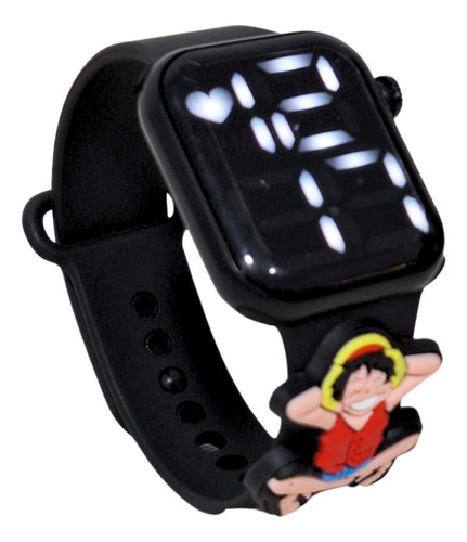 Relógio Digital Infantil One Piece Monkey Luffy Resistente Correia Preto Bisel Preto Fundo Preto