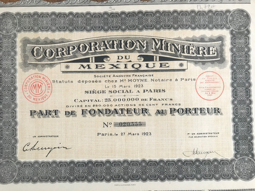 Acción/bono  Corporation Minière Du Mexique (1 Bono) - 1923 