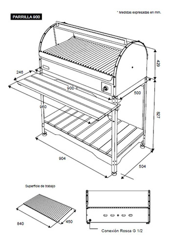 Imagen 8 de 10 de Parrilla A Gas Con Tapa Acero Inoxidable 90cm Movil Luxorgas