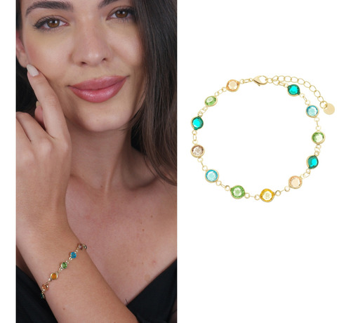 Pulseira Resinas Coloridas Antialérgico Banhado Ouro 18k Comprimento 15 Cm Cor Dourado Diâmetro 15 Cm
