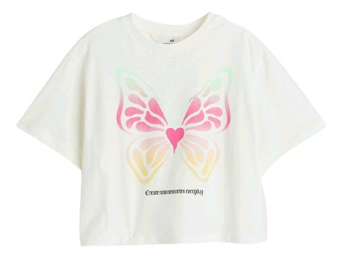 Remera Manga Corta H&m. Oversize. Mariposa. Blanca