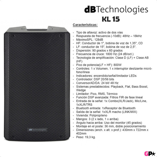 Caja Bafle Activo 800w Db Technologies Kl 15 Funda Bluetooth