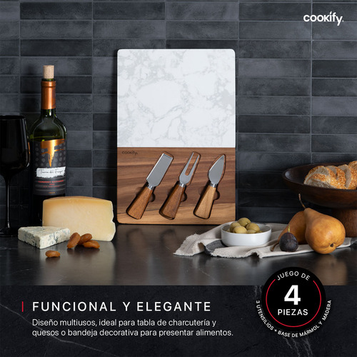 Tabla De Madera Y Mármol Cookify Con Cuchiilos, Bandeja Charcutería, Quesos, Carnes Frías, Aperitivos, Panes