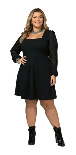 Vestido Preto Plus Size Com Mangas Transparentes