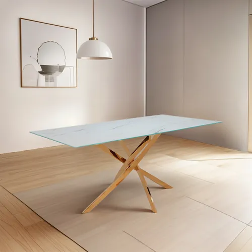 Mesa De Comedor Rectangular 160 Simil Marmol Base Dorada