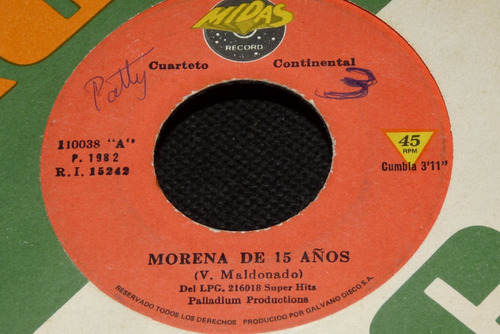 Jch- Cuarteto Continental Morena De 15 Años Cumbia 45 Rpm