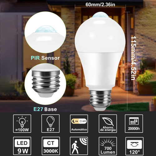Focos Ahorrador Con Sensor De Movimiento Luz Led 9w 3pcs E27