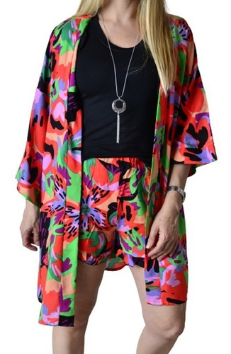 Imagen 2 de 5 de Conjunto Kimono Estampado + Short Mujer The Big Shop